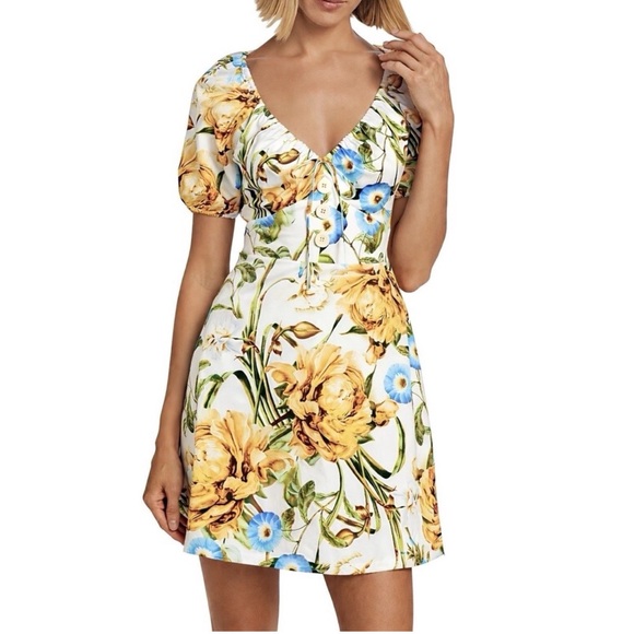 Favorite Daughter Dresses & Skirts - Favorite Daughter Floral V-Neck Mini Dress - White, Yellow & Blue Sz 4 Zip Close